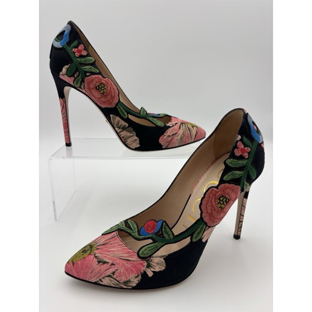 Women’s Gucci Ophelia Heels Pumps Stiletto Black Fabric Size 39 / 9 Embroidered